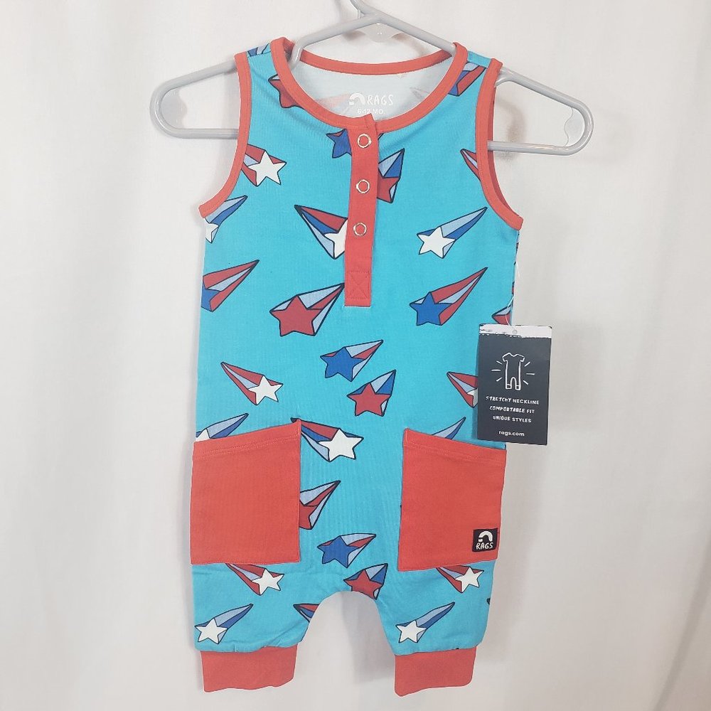 New RAGS Sleeveless Blue Shooting Shorts Romper with Red Pocket and Trim